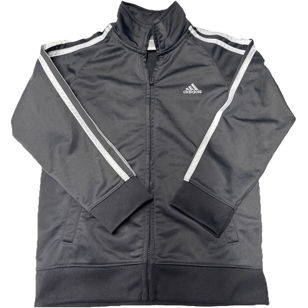 Adidas Youth 7 Gray Jacket Full Zip Track‎ Jacket White Strips Logo High Neck